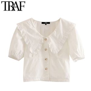 Traf Women Sweet Fashion-Up Cropped Bluzki Vintage Peter Pan Kołnierz Krótkie koszule Blusas Chic Tops 210415