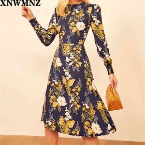 Sukienka Vintage Z Długim Rękawem Kobiety Sukienki O Neck Vestidos Francja Navy Floral Print Szyfon 210520