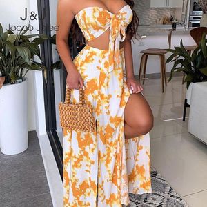 Jocoo Jolee Women Polkadot Tie Dye Summer Off-Shoulder Tube Top And Split Printing Chiffon Long Skirt Two Piece Sets 210518