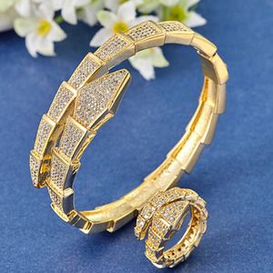 Luxusmarke Armreif und Ring Damen AAA Weiße Farbe Schlangenförmiges Zirkonarmband Weibliche Modeaccessoires Bestes Geschenk Q0720
