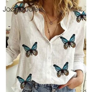 Women Casual Long Sleeve Butterfly Floral Print Blouses Cotton Loose Shirt Plus Size Vintage Tops Elegant Tunic 210428