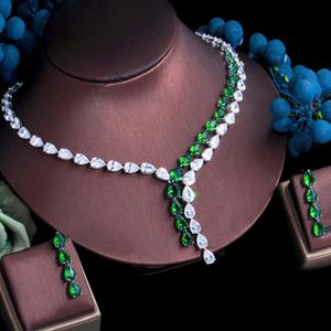 Threegers Elegant Green Cubicic Zirconia Dong Drop Drop Bashcle Серьги и ожерелье свадебные свадебные украшения для невесты TZ612 H1022