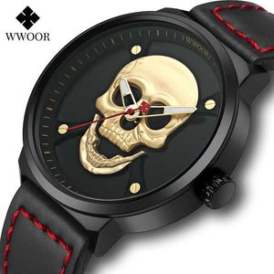 Wwoor Sports Vattentät Läder Klockor Mens Luxury Gold Cool 3D Skull Män Quartz Armband Watch Fashion Big Dial Reloj Hombre 210527