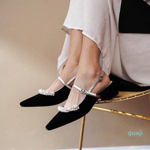 Dress Shoes Designer Women Luxury Pearl Strap Female Shallow Toe Thick Med Heel Mary Jane Girls Soft Party Roman