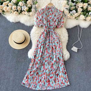 Singreiny Women Bohemian Floral Dress Fransk Stand Krage Puff Sleeve A-Line Klänningar Sommar Retro Skriv ut Holiday Beach Lång Klänning 210419