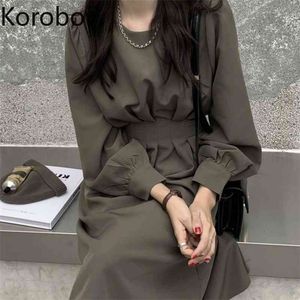 Korobov Vintage Long Sleeve O Neck Bow Women Dress Korean High Waist Sweet Solid Female Dresses New Chic Vestidos 210430