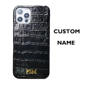 Anpassade namn Initials Letter Logo Genuiune Lädercell Telefon Fodral för iPhone 11 12 Mini Pro Max 11Pro Cover Mobiltelefon Tillbehör Dropship