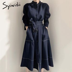 Sıradan Elbiseler Syiwidii ​​Kadın Ofisi Lady Fall 2021 A-Line Katı Sashes Mavi Kore Moda Vintage Harajuku Midi Elegante Düğmesi