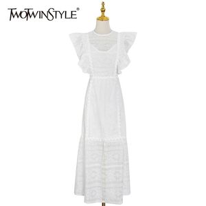 White Embroidery Long Dress For Women O Neck Short Sleeve High Waist Patchwork Lace Ruffle Elegant Dresses Female 210520