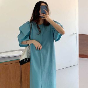 Klänningar Kvinnor Sommar Chic Koreansk Spets Upp Loose Blue O Neck Puff Sleeve Split Klänning Kortärmad Vestido de Mujer Casual Retro 210610