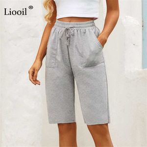 Liooil Cinza Baggy Calças Reta Calças Do Joelho Comprimento Calças Com Bolsos Drawstring Alto Cintura Costas Feminino Casual Sweatpants Soltos Q0801