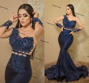 ASO EBI 2021 Árabe Marinha Azul Sereia Vestidos De Noite De Lace Frisado Vestido De Prom Sheer Decote Manga Longa Formal Party Second Recepção Vestidos