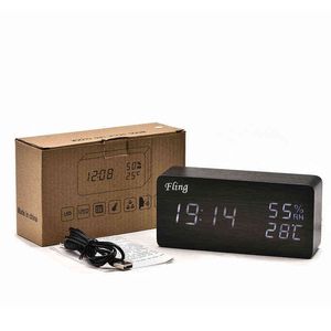 FLING Electronic Watch Wooden Digital Alarm Clock LED Time Display Humidity & Temperature For Kids Desktop Bedroom Office el 211112