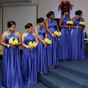 Afrika Artı Boyutu Mavi Nedime Elbiseleri Siyah Kızlar için Elastik Saten Boncuklu Halter Boyun Custom Made Sivror Elbise Düğün Konuk Elbise Örgün Parti Giyim