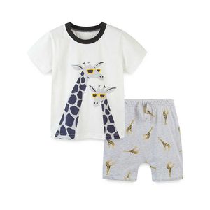 Jumping Meters Summer Girafas Imprimir meninos meninas roupas conjuntos de algodão curto + tops roupas de bebê ternos para crianças 210529