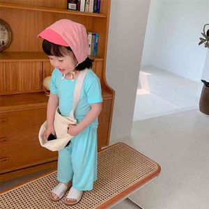 Barnkläder sommar pojke tjejer koreanska tunn stil solid färg hem service kostym baby t-shirt + 7-punkts byxor tvådelat 210625