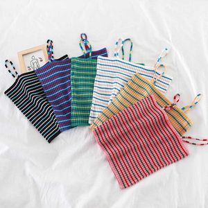 Striped Spaghetti Women Crop Top Summer Casual Solid Knitted Stretchy Slim Tube Tank W842 210526