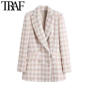 TRAF Women Fashion Tweed Double Breasted Blazer Coat Vintage Long Sleeve Flap Pockets Female Outerwear Chic Veste Femme 211006