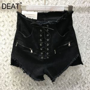 [DEAT] Solid High Waist Cross Bandage Zipper Rough Edge Jeans Short Hot Pants Streetwear New Fashion Tide Summer GX816 210428