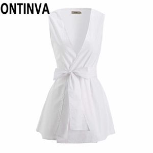 Wyświewanie Kobiety Biała bluzka Bez rękawów z Sashes V Neck Woman Peplum Topy Koszulki Blusas Plus Size 3XL Biuro Damskie Koszule 210527