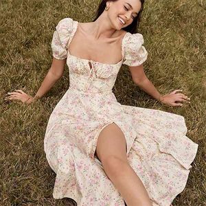 French Floral Print Long Summer Dress Women Short Puff Sleeves Boho Beach Holiday Maxi Female Side Slit Party Robe Femme 210514