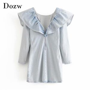 Ruffles O Neck Cowboy Mini Dress Long Sleeve Zipper Chic es Light Blue Color A Line Women Vestidos Mujer XS-L 210515