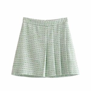 Stylowe Światło Green Tweed Kobiety Mini Spódnica Lato Biuro Lady Wysokiej Talii Spódnice Wypoczynek Dorywczo Kobiet Streetwear 210521