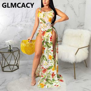 Kobiety Tropikalna Drukowana Mesh Sukienka Bez Rękawów Wysoka Szczurka Maxi Dress 210702