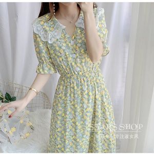 Kvinnor Chiffong Klänning Sommar Koreansk Kortärmad Floral Midi V-Neck Bohemia Beach Casual Lace Vestidos Feminina 210510