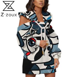 Women Hoodie Printed Hooded s Sweatshirts Pullove Long Sleeve Off Shoulder Coat Loose s Tops Autumn 210524