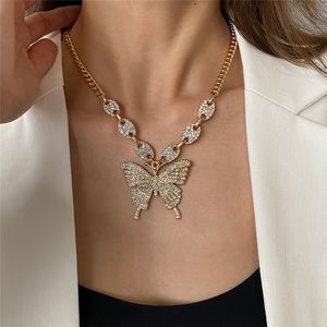 Iced Out Butterfly Necklaces Luxury Cuban Link Chains Fashion Party Jewelry Gift for Women Girls Crystal Rhinestone Animal Pendant Punk Hip Hop Necklace