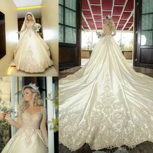 Lindo mangas compridas vestidos de casamento vestido de noiva jóia pescoço tule renda apliques cristais frisado capela trem feito sob encomenda vestido de novia