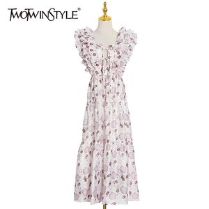 女性正方形の襟のノースリーブの高い腰のパッチワークのフリルのMidiのドレス210520のための春のプリント花のドレス
