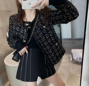 Damenjacken Herbst Rundhals Schwarz Tweed Jacke Harajuku Kpop Koreanischer Stil Designer Frau Kleidung Streetwear