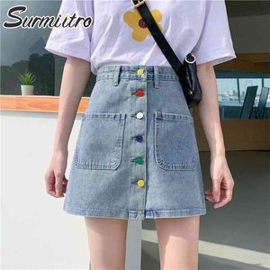 Plus Size S-5XL Mini Denim Skirt Women With Button and Pocket Spring Summer Blue High Waist A line Female 210421