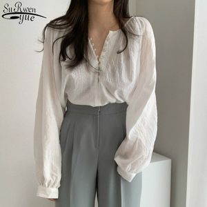 Fransk stil vintage vit puff långärmad kvinna skjortor bomull lös singel-breasted blouse overaller för kvinnor 11021 210427