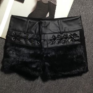 Black PU Leather Patchwork Faux Fur Shorts Women Winter Autumn Casual Lace Up Fashion Ladies Streetwear Women's