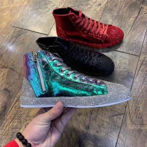 NXY Męskie Wulkanizuj Buty Męskie Round Toe Dżetów Bling Glitter Mieszkania High Top Casual Sneakers Lace Up Deskorolka 4 Kolory Chłopcy Koreańskie Style 0209