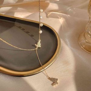 Fashion 14k Real Gold Butterfly Pearl Chain Hängsmycke Halsband för kvinnor Temperament Högkvalitativa Design Smycken Ins Gift