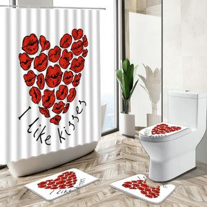 Douchegordijnen Love Kiss Red Lip Print Gordijn Fashion Girl Badkamer Decoratie Non-slip Rug Toilet Deksel Cover Flanel Bath Mat Set cadeau