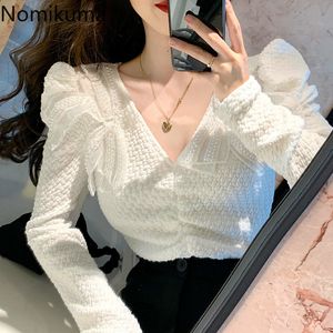 Nomikuma Korean Diamonds Bowknot Bluzka Koszula Puff Długi rękaw V-Neck Kobiety Topy Wiosna Nowy Slim Elegancki Blusas 6D796 210427