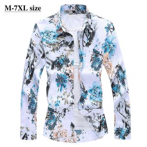 Sonbahar erkek Uzun Kollu Çiçek Gömlek Çin Tarzı Baskı Moda Iş Slim Fit Casual Gömlek Artı Boyutu 5XL 6XL 7XL 210628