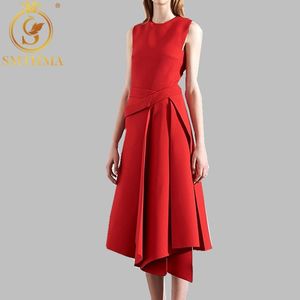 春滑走路デザイナードレス女性の高品質エレガントなノースリーブ黒/赤のlrgular bottom 210520