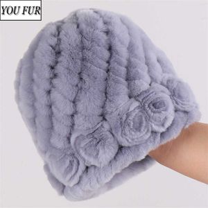 Winter Women 100% Natural Real Fur Hats Lady Warm Soft Knit Flower Striped Genuine Rex Rabbit Caps Outdoor Beanies 211119