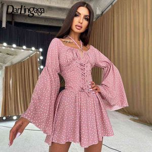 Darlingaga Fashion Off Shoulder Dot Sexy Summer Dress Women Lace Up Corset Party Dress Pink Flare Sleeve Birthday Sundress Short Y1204