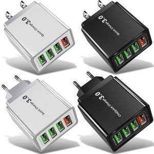 Snabb snabba mobiltelefonladdare 4 portar QC3.0 30W EU US Plug Wall Charger Adapter för iPhone 15 11 13 14 SAMSUNG S10 S8 S9 Android Phone PC