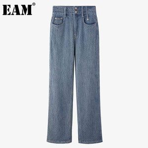 [EAM] High Waist Long Casual Wide Leg Blue Denim Casual Jeans Loose Women Trousers Fashion Spring Autumn 1DD7690 21512