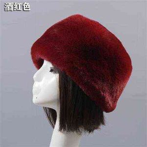 Wine Red Flat Roof Fluffy Snow New Year Winter Plush Thick Fur Hat Faux Fox Furry Cap Head Warmer Outdoor Hats Women Girl Men Y21111