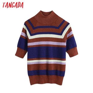 Tangada Chic Women Striped Turtleneck Sweater Vintage Ladies Short Style Sweet Knitted Jumper Tops BE187 210609