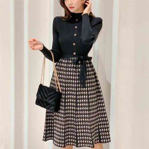 Spring Korean Elegant Knitted Plaid Patchwork Women Dress Long Sleeve Lace-up Bow Pleated Vintage Dresses Vestidos 210514